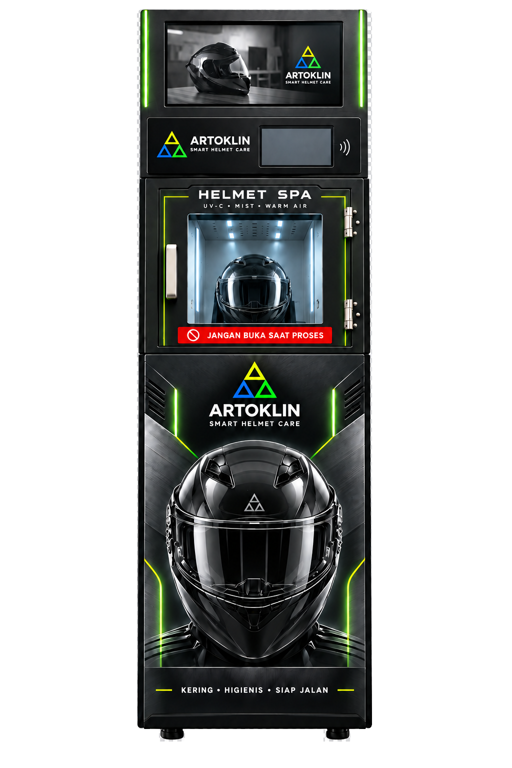 Black Artoklin smart Helmet Spa machine with a helmet inside the treatment chamber